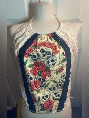 Cream Lace Halter Tank with Red Rose & Skull Print